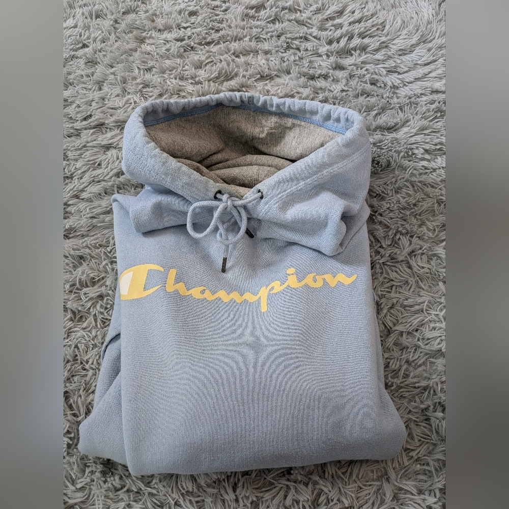 Mens baby blue/yellow logo Champion hoodie